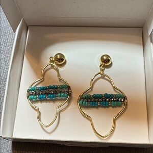 Gold-Tone Drop Earrings with Turquoise Bead Accents - Women Jewelry